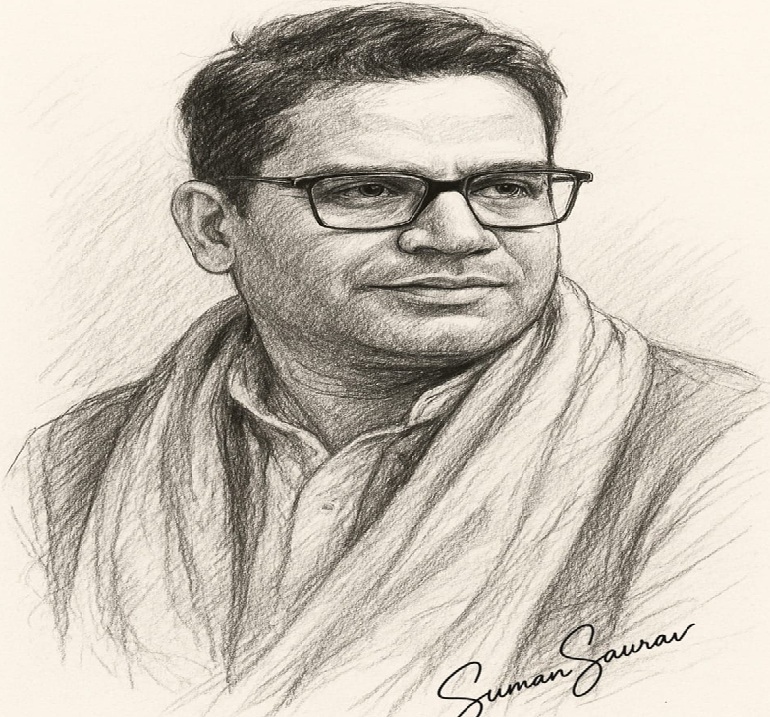 प्रशांत किशोर - गंभीर मुद्रा में खड़े, सफेद कुर्ता पायजामा में, गाँव की पृष्ठभूमि में, जन सुराज यात्रा के दौरान