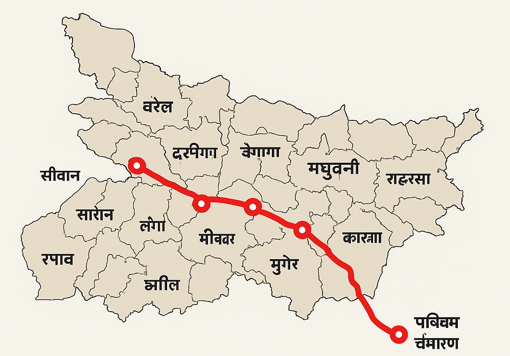 जन सुराज यात्रा का मानचित्र, बिहार के विभिन्न जिलों में पदयात्रा मार्ग दिखाता हुआ