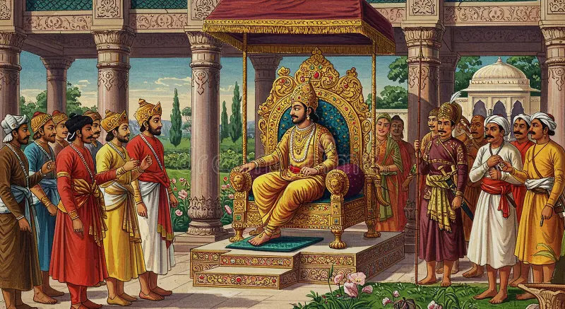 Ancient Indian royal court scene with kings and ministers discussing important matters in a grand palace hall