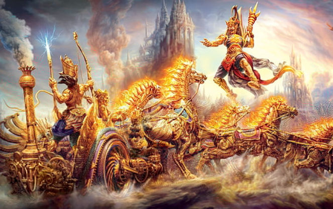 Epic battle scene from Mahabharata with warriors on chariots and elephants in a dramatic battlefield
