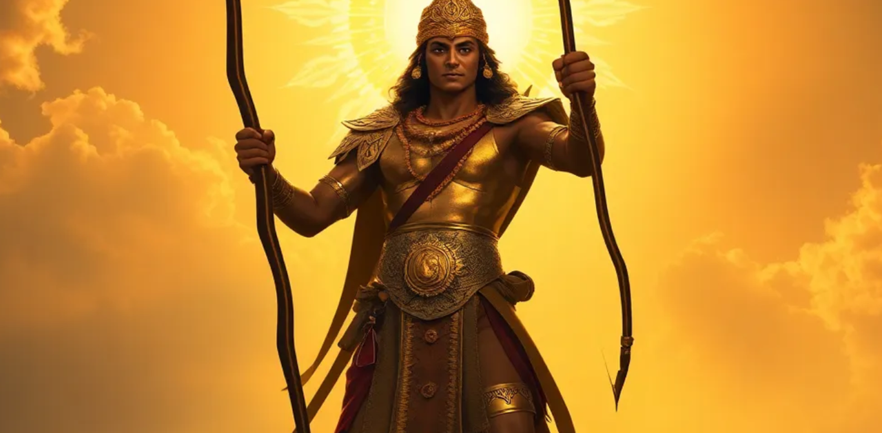 Mighty warrior Karna from Mahabharata in golden armor standing with bow and arrow, sun god Surya shining in background with divine rays, ancient Indian battlefield setting