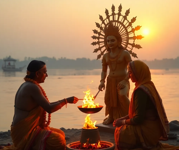 Karna offering arghya to Surya Dev at sunrise by river bank with golden sunlight and traditional rituals