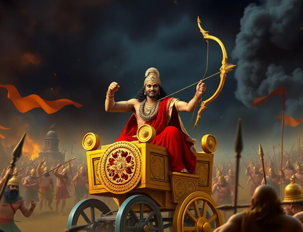 Karna training in archery with Dronacharya in ancient gurukul setting with weapons and traditional environment