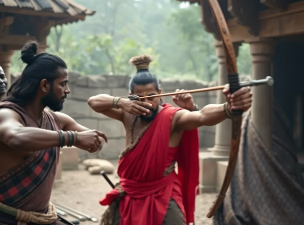 Karna in Mahabharata battlefield on golden chariot with bow and arrow, surrounded by warriors and dramatic war scene